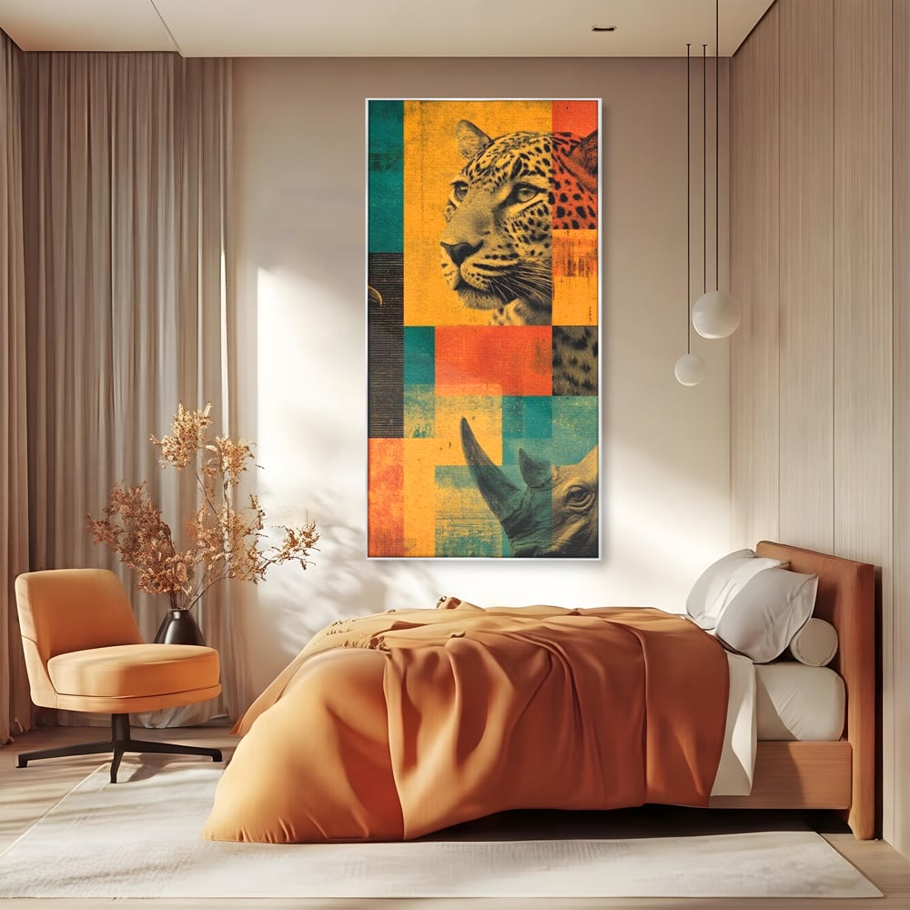 Tablou canvas cu tablou vertical cu leopard si rinocer, in rama de aluminiu argintiu, pe perete intr-un dormitor